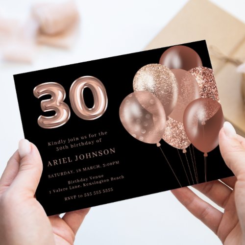 Rose Gold Balloons 30th Birthday Party Black Invitation