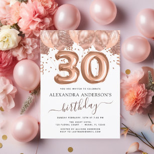 Rose Gold Balloons 30th Birthday Party Confetti Invitation