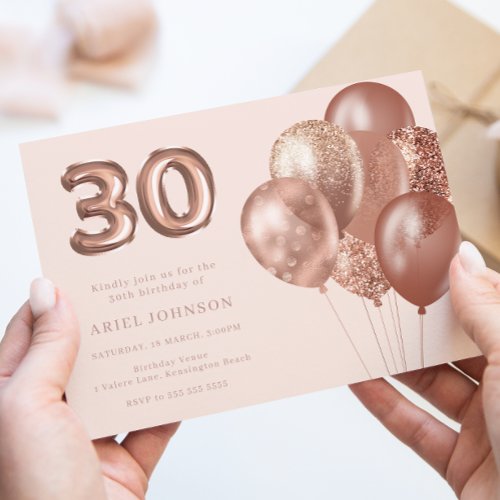 Rose Gold Balloons 30th Birthday Party Invitation