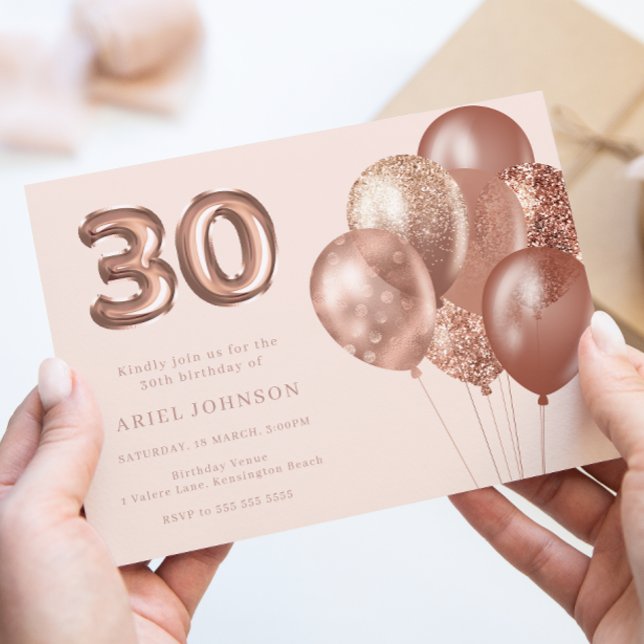 Rose Gold Balloons 30th Birthday Party Invitation (Creator Uploaded)
