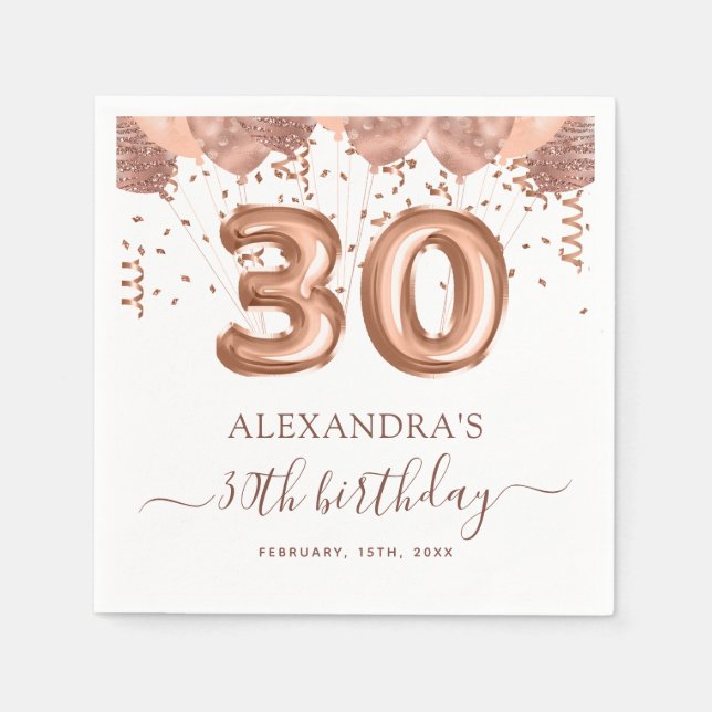 Rose Gold Balloons 30th Birthday Party Napkins (Front)
