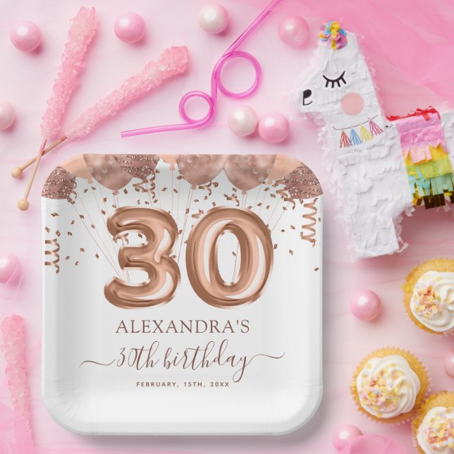 Rose Gold Balloons 30th Birthday Party Paper Plates (Party)