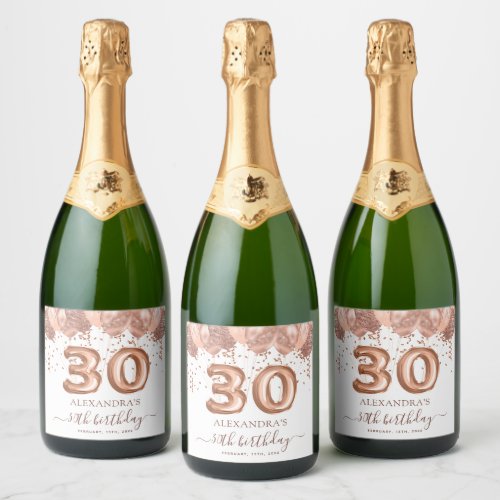Rose Gold Balloons 30th Birthday Party Sparkling Wine Label