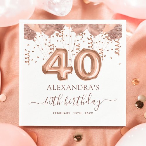 Rose Gold Balloons 40th Birthday Party Napkins