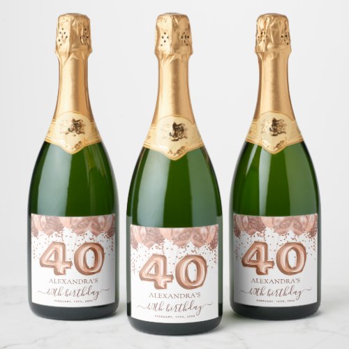 Rose Gold Balloons 40th Birthday Party Sparkling Wine Label