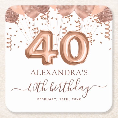 Rose Gold Balloons 40th Birthday Party Square Paper Coaster