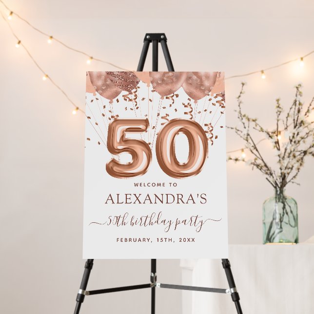 Rose Gold Balloons 50th Birthday Party Foam Board (In Situ (Stand))
