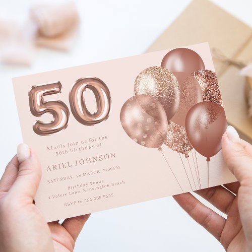 Rose Gold Balloons 50th Birthday Party Invitation