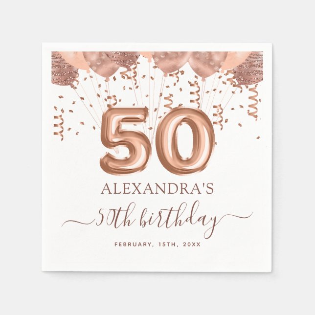 Rose Gold Balloons 50th Birthday Party Napkins (Front)