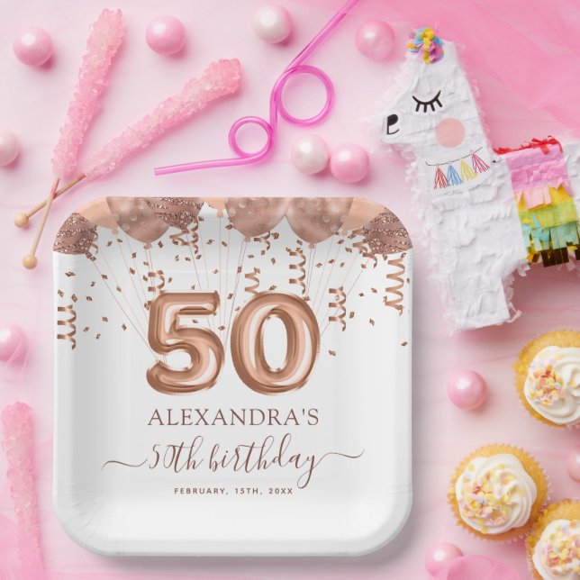 Rose Gold Balloons 50th Birthday Party Paper Plates (Party)