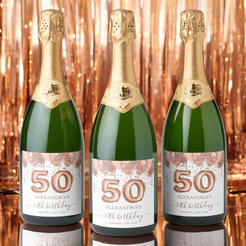 Rose Gold Balloons 50th Birthday Party Sparkling Wine Label