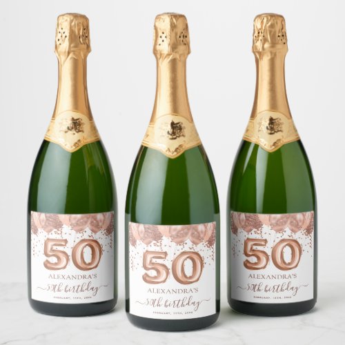 Rose Gold Balloons 50th Birthday Party Sparkling Wine Label