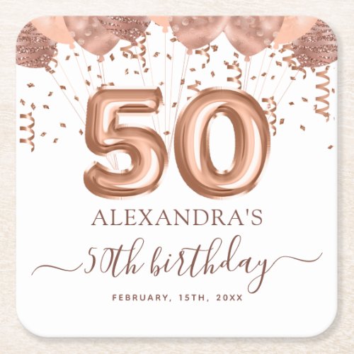 Rose Gold Balloons 50th Birthday Party Square Paper Coaster