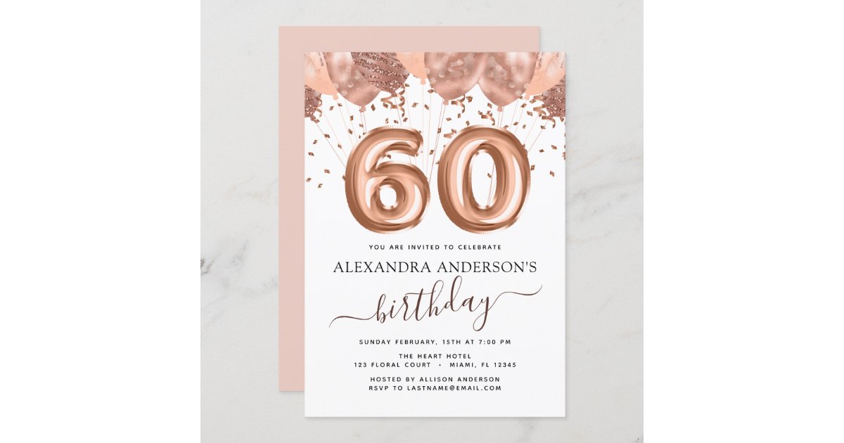 Rose Gold Balloons 60th Birthday Party Invitation | Zazzle