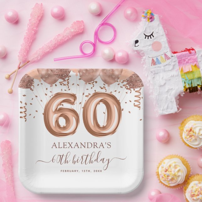 Rose Gold Balloons 60th Birthday Party Paper Plates (Party)