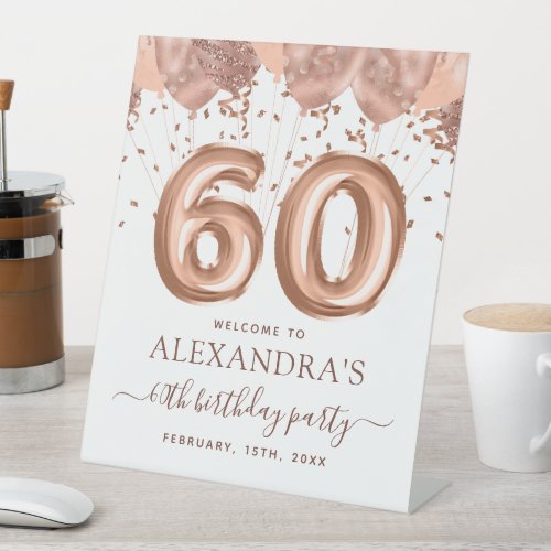 Rose Gold Balloons 60th Birthday Party Pedestal Sign