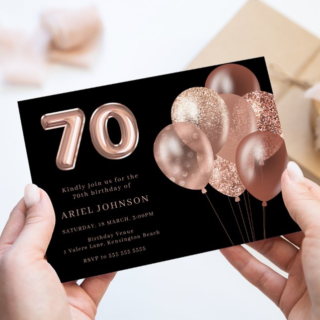Rose Gold Balloons 70th Birthday Party Black Invitation (Creator Uploaded)