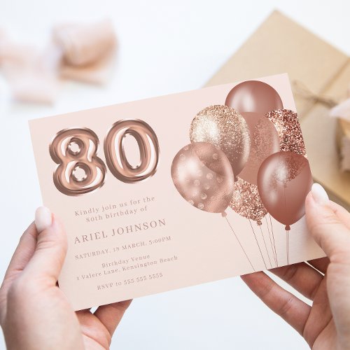 Rose Gold Balloons 80th Birthday Party Invitation