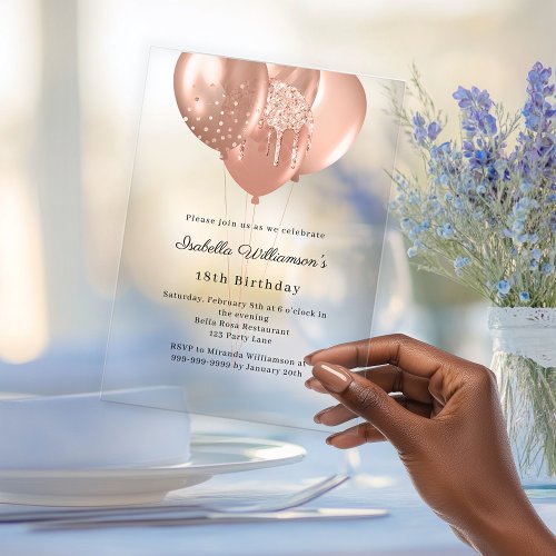 Rose gold balloons clear luxury birthday  acrylic invitations