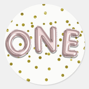 Rose Gold Balloons Confetti ONE 1st Birthday Party Classic Round Sticker