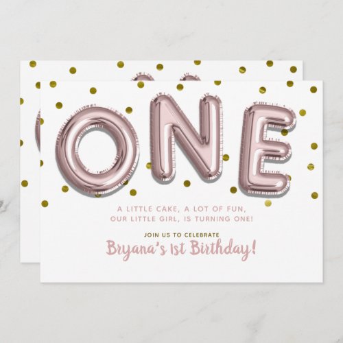 Rose Gold Balloons Confetti ONE 1st Birthday Party Invitation