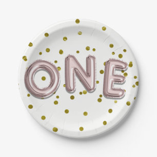 Rose Gold Balloons Confetti ONE 1st Birthday Party Paper Plates