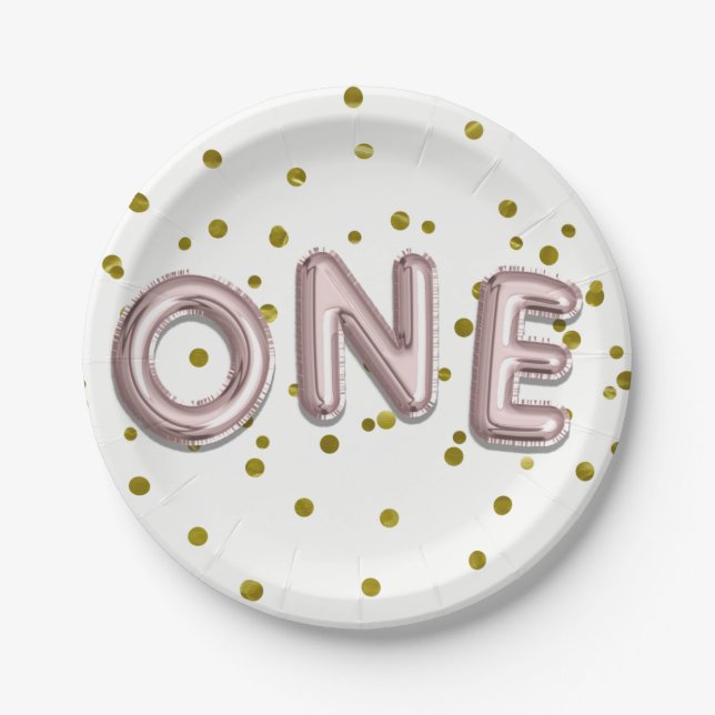 Rose Gold Balloons Confetti ONE 1st Birthday Party Paper Plates (Front)