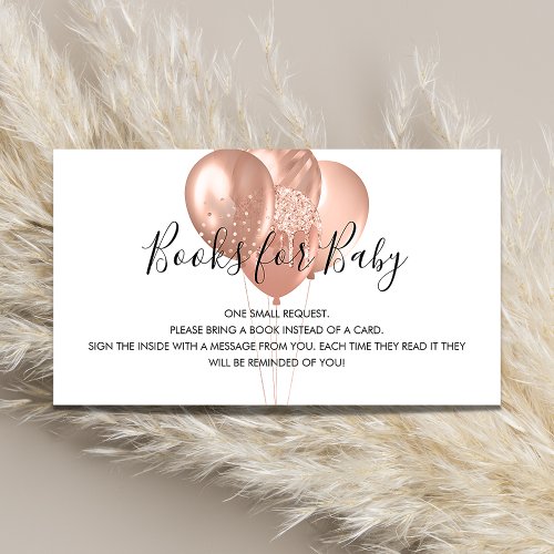 Rose gold balloons girl baby shower book request enclosure card