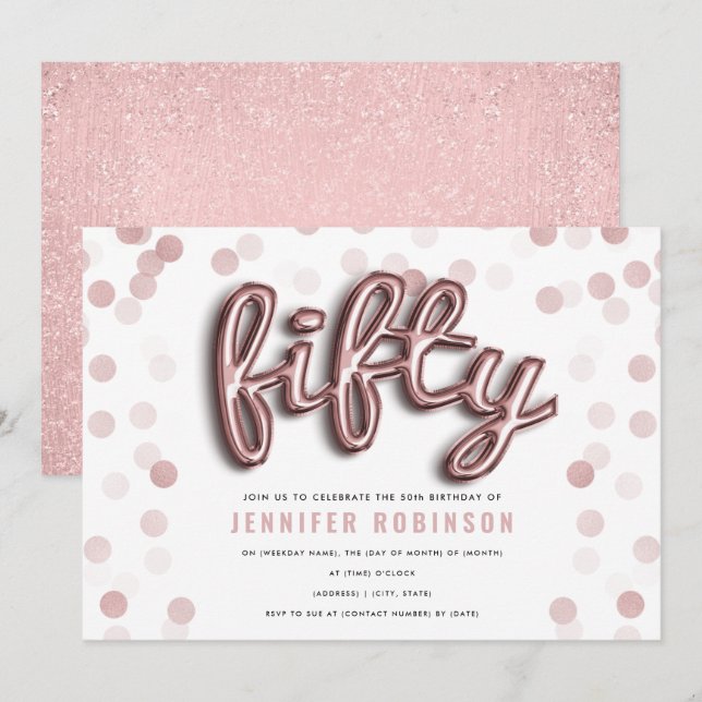 Rose Gold Balloons Glitter 50th Birthday Invitation (Front/Back)
