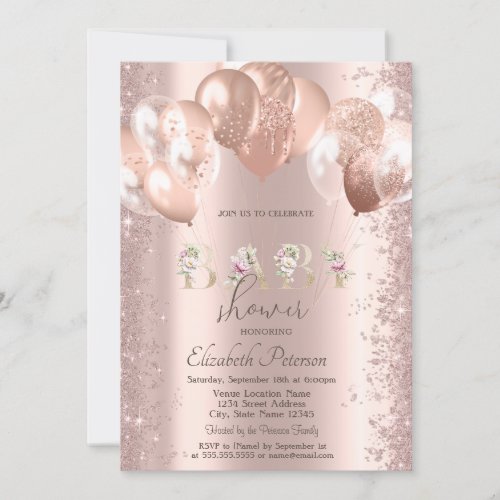 Rose Gold Balloons Glitter Confetti Baby Shower Invitation