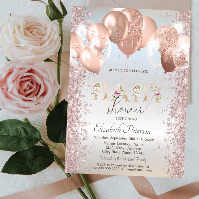 Rose Gold Balloons Glitter Confetti Silver Invitation (Creator Uploaded)