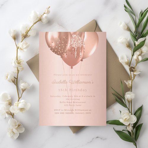 Rose gold balloons luxury birthday  foil invitation