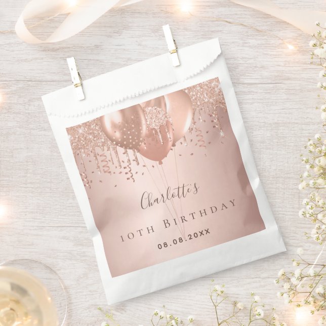 Rose gold balloons monogram birthday party favor bag (Clipped)