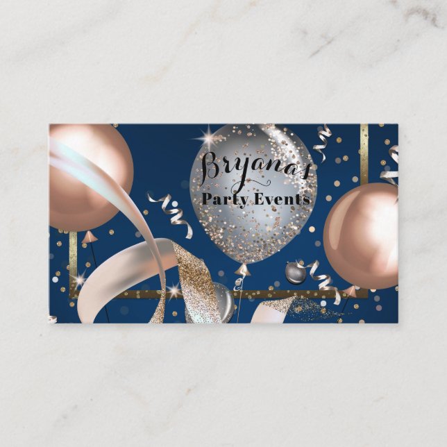Rose Gold Balloons Navy Blue Party Event Planner Business Card (Front)