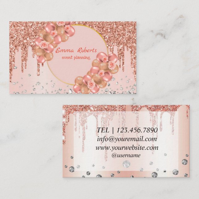 Rose Gold Balloons Party Planner Chic Contemporary Business Card (Front/Back)