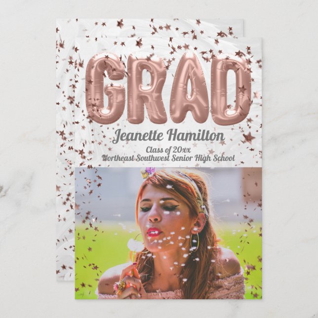 Rose Gold Balloons Pink Confetti Girls Graduation Invitation (Front/Back)