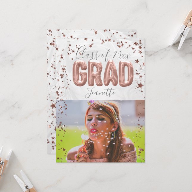 Rose Gold Balloons Pink Confetti Girls Graduation Invitation (Front/Back In Situ)