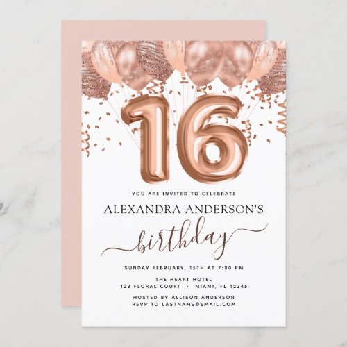 Rose Gold Balloons Sweet 16 Birthday Invitation