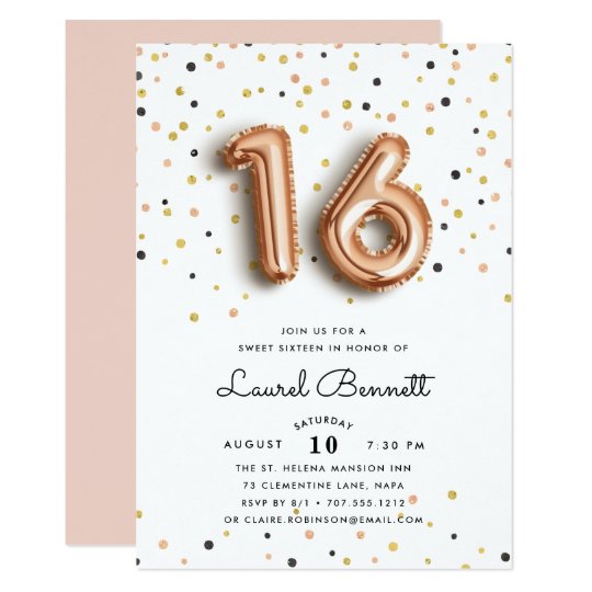 rose gold balloons sweet 16 party invitation zazzle com