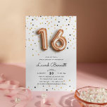 Rose Gold Balloons | Sweet 16 Party Invitation<br><div class="desc">Unique and trendy sweet sixteen birthday party invitations feature "16" in rose gold balloons,  on a background of rose gold,  gold and black confetti. Personalize with your party details in modern black lettering. Invitations reverse to solid blush pink.</div>
