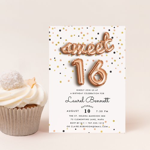 Rose Gold Balloons  Sweet 16 Party Invitation