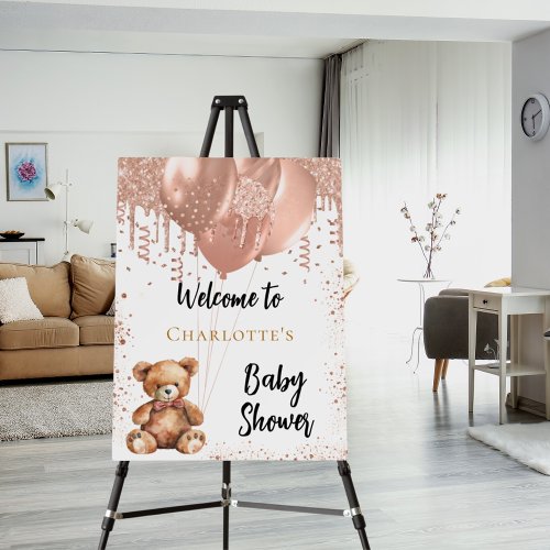 Rose gold balloons teddy bear baby shower welcome foam board