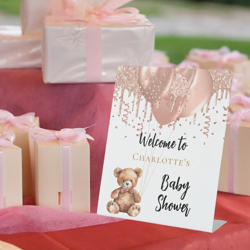 Rose gold balloons teddy bear baby shower welcome pedestal sign