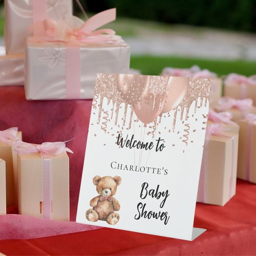Rose gold balloons teddy bear baby shower welcome pedestal sign