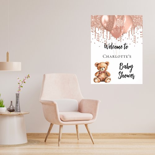Rose gold balloons teddy bear baby shower welcome poster