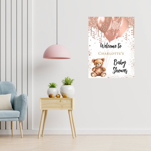 Rose gold balloons teddy bear baby shower welcome poster
