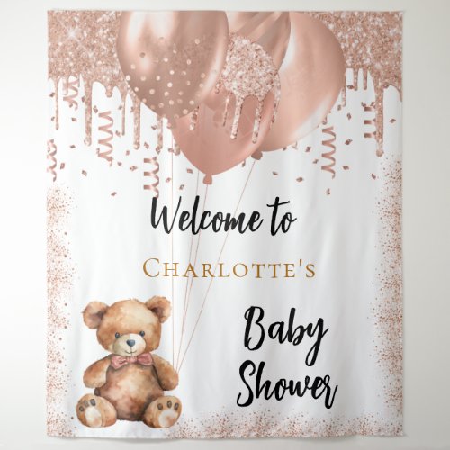 Rose gold balloons teddy bear baby shower welcome tapestry