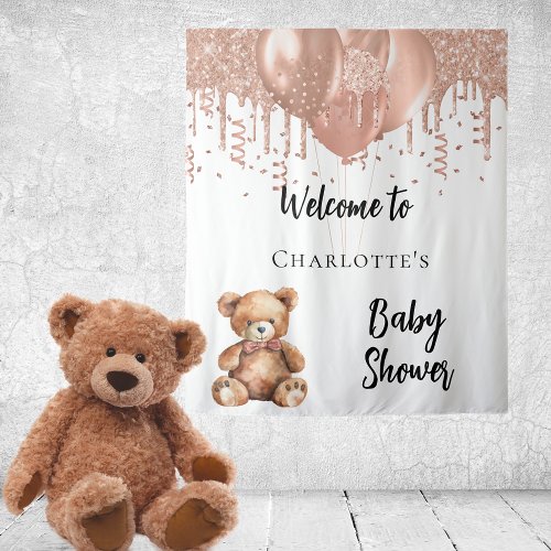 Rose gold balloons teddy bear baby shower welcome tapestry