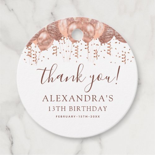Rose Gold Balloons Thank You 13th Birthday Party  Favor Tags