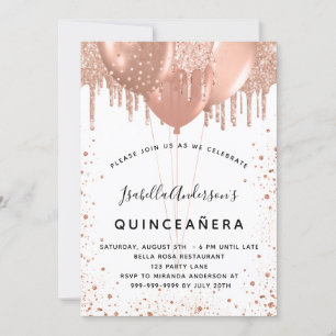 Rose gold balloons white Quinceanera Invitation